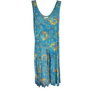 Eagle Ray Traders Wear Large Batik Dress, Blue, Yellow Sun Stars Sleeveless